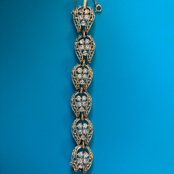 Vintage Coro Gold Tone Rhinestone Filagree Link Bracelet 7 Inch - Picture 10 of 10